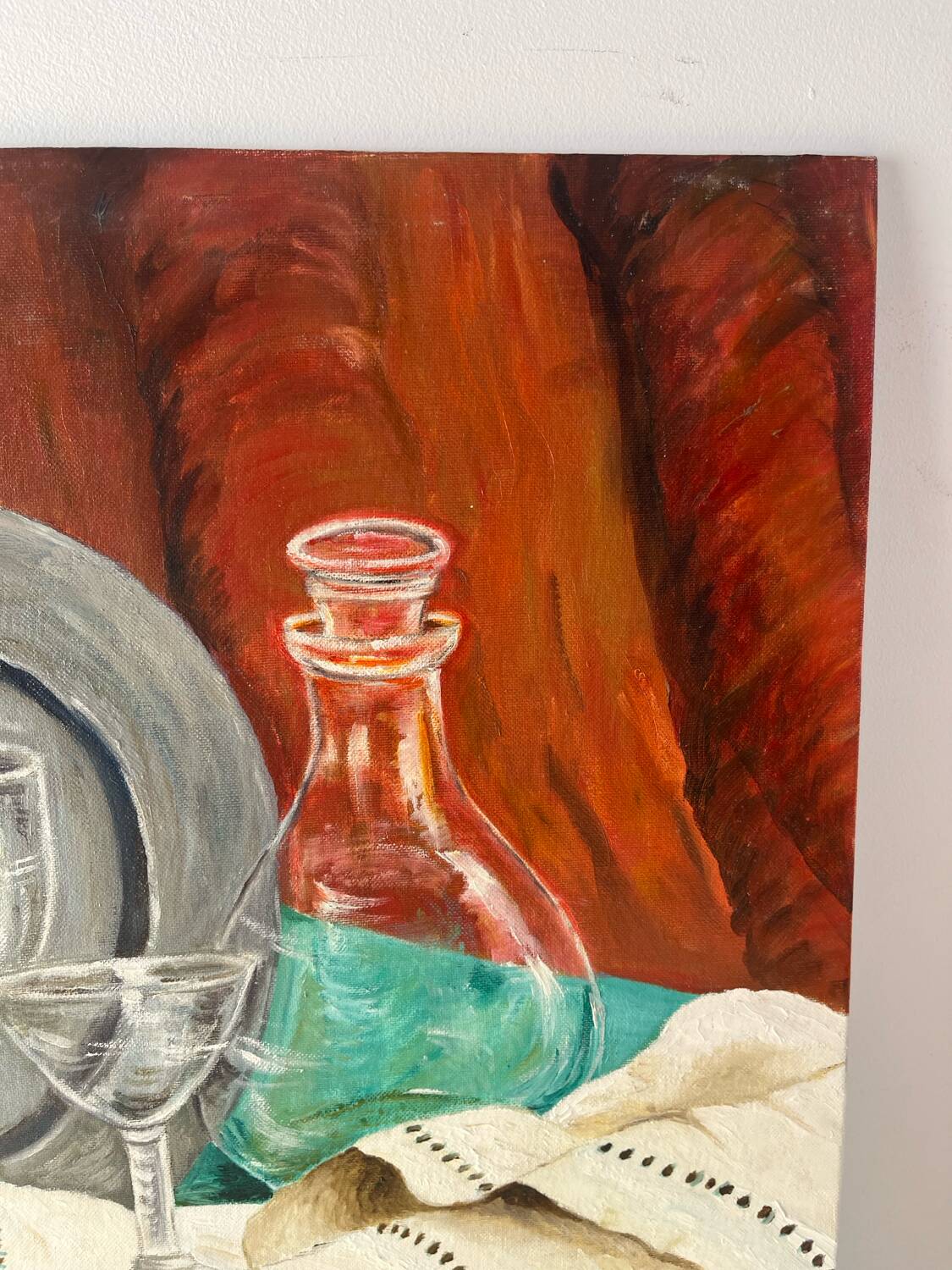 Still life, carafe and glasses, oil on cardboard signed Francine Dubois.