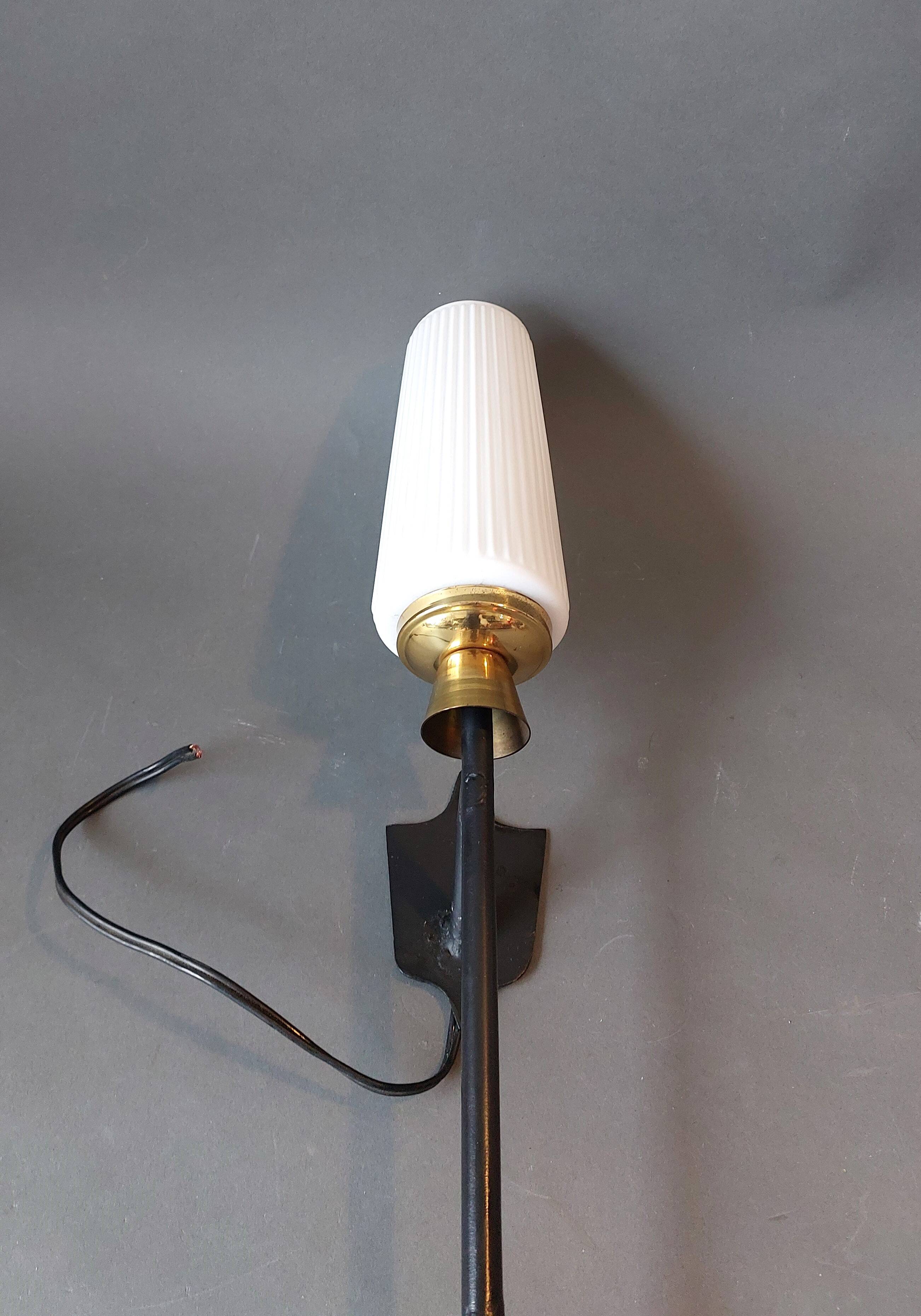 Large 1960 torchiere wall light in black metal, gilded brass and vintage white opaline.