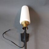 Large 1960 torchiere wall light in black metal, gilded brass and vintage white opaline.