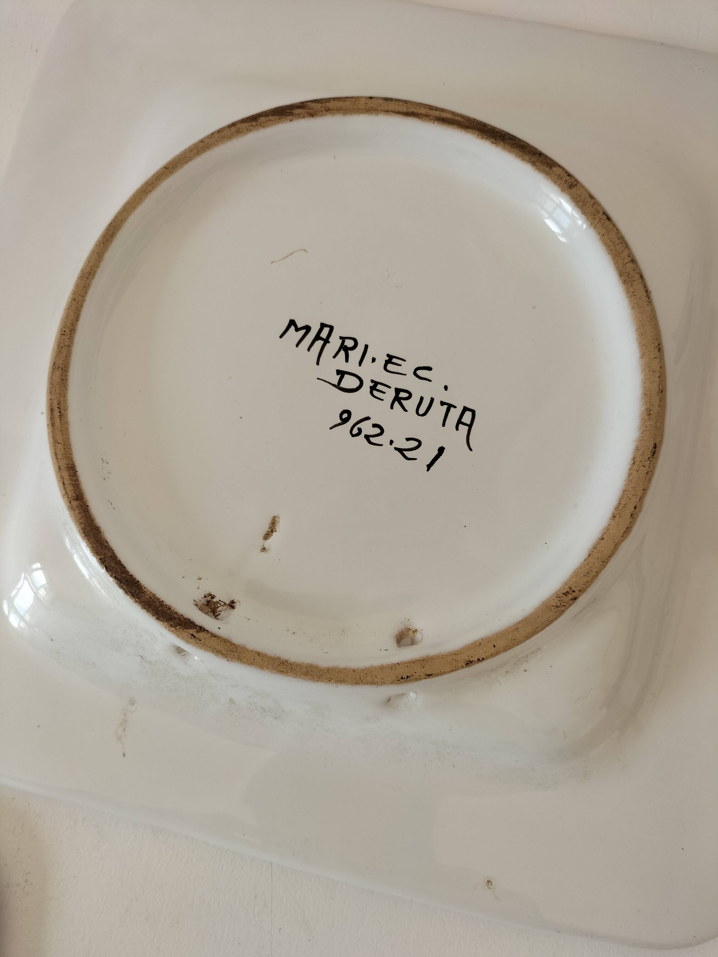 Trio of square Deruta plates signed MARI E.C., botanical decoration 962.21