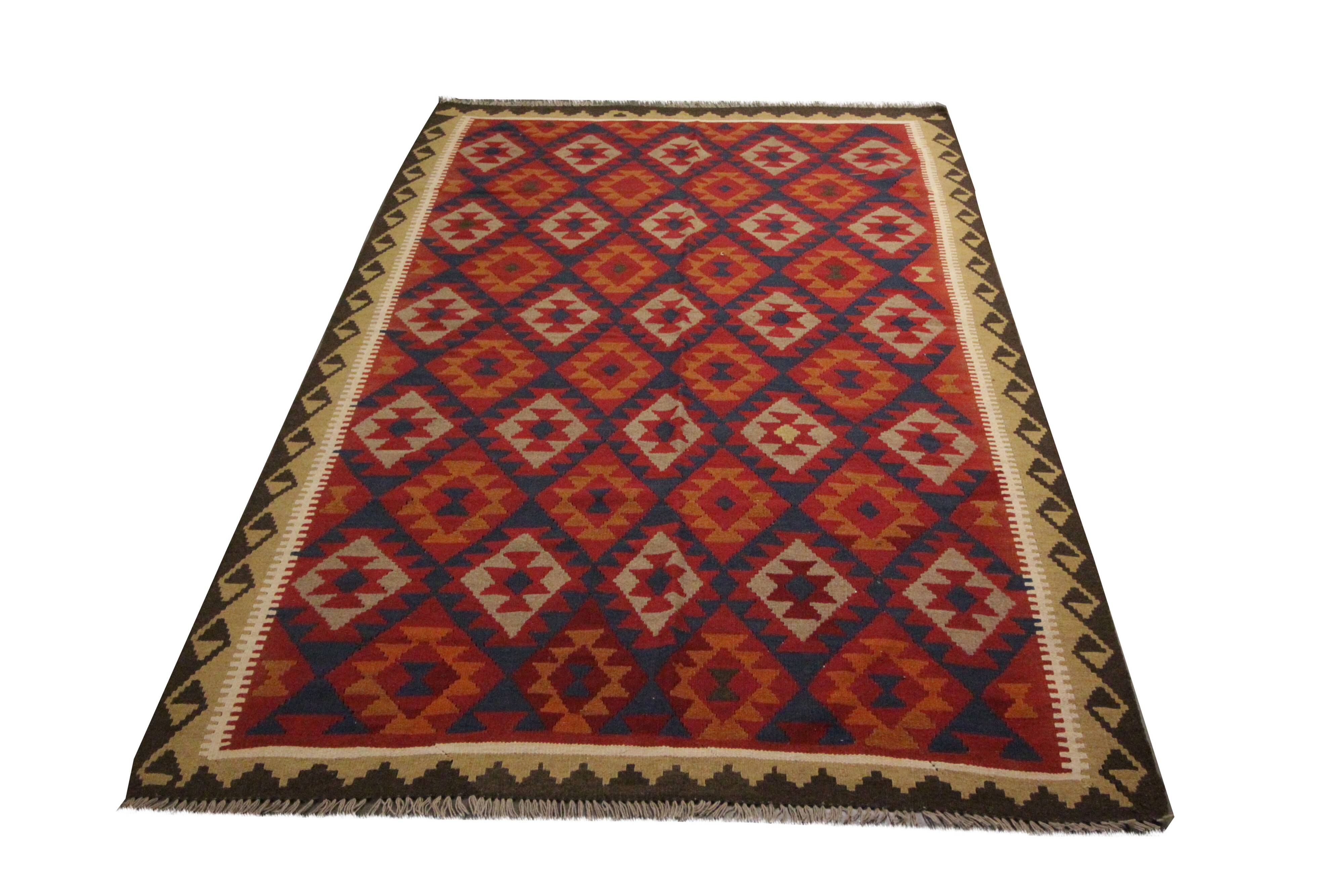 Burgundy Afghan Kilim Rug, Geometric Wool Flatweave, Handmade Tribal Carpet