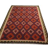 Burgundy Afghan Kilim Rug, Geometric Wool Flatweave, Handmade Tribal Carpet