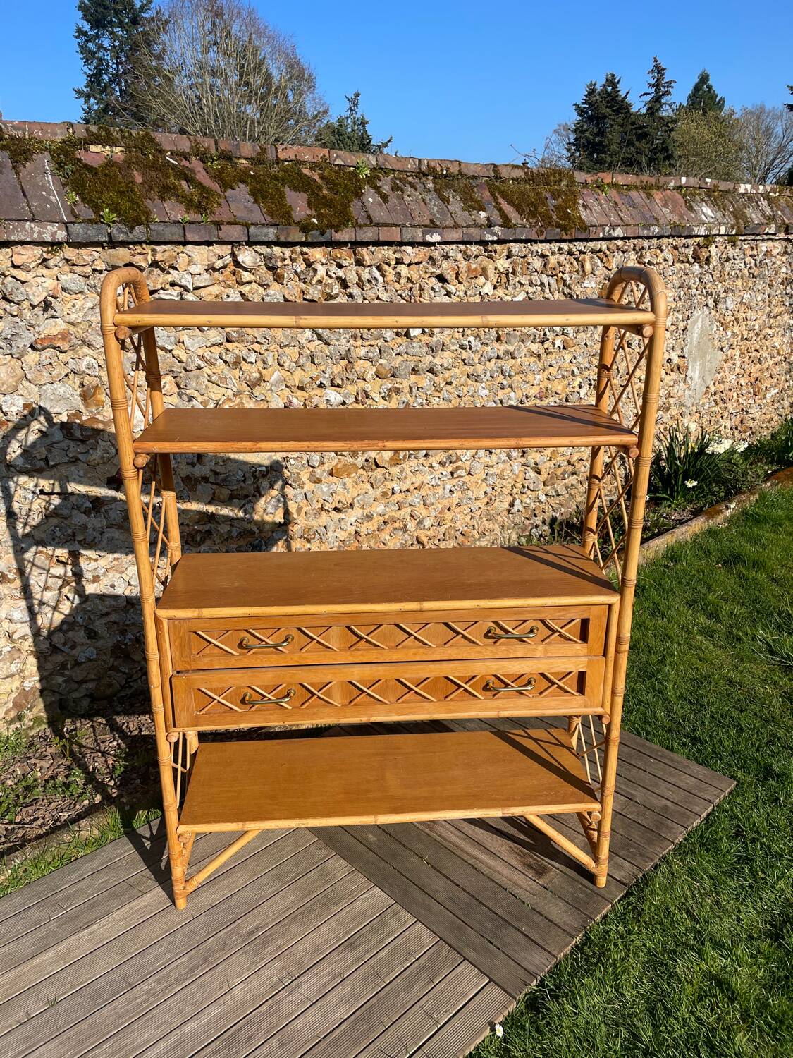 Vintage 1960s rattan and oak shelf by Louis Sognot