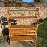 Vintage 1960s rattan and oak shelf by Louis Sognot
