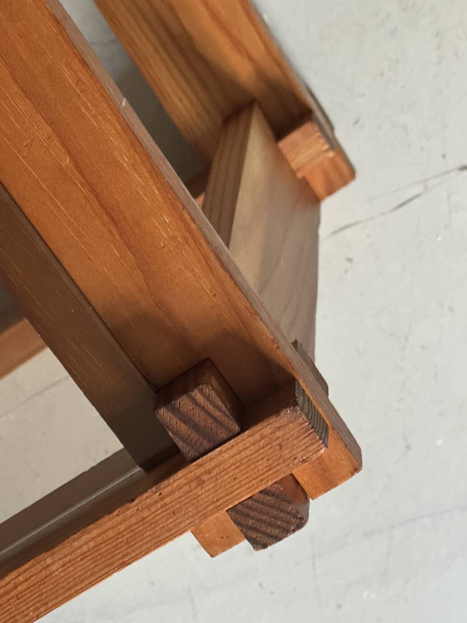 Modernist side table/nightstand in pine wood & smoked glass, 1970s design.
