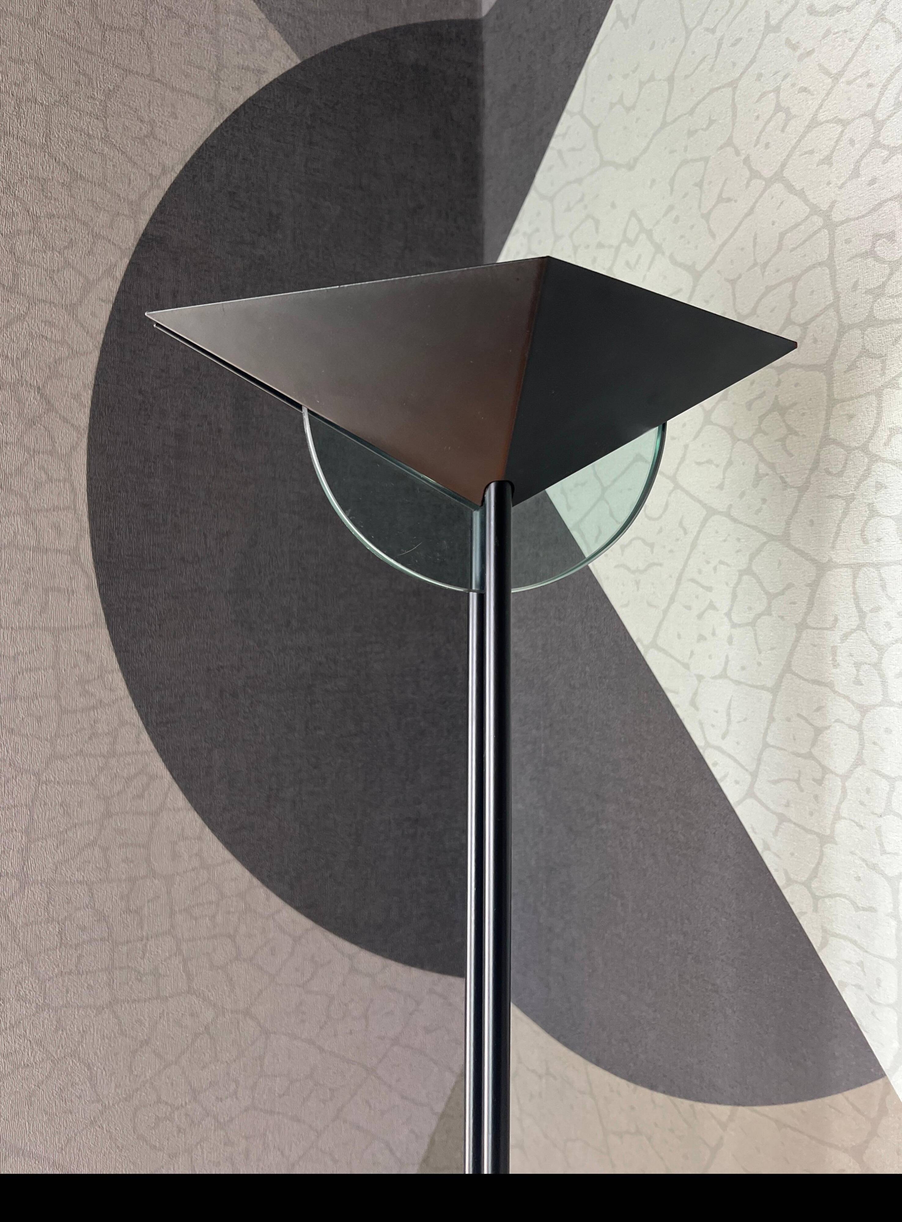 Vintage 1990s Fontana Arte Style Floor Lamp in Black Metal and Light Blue Glass