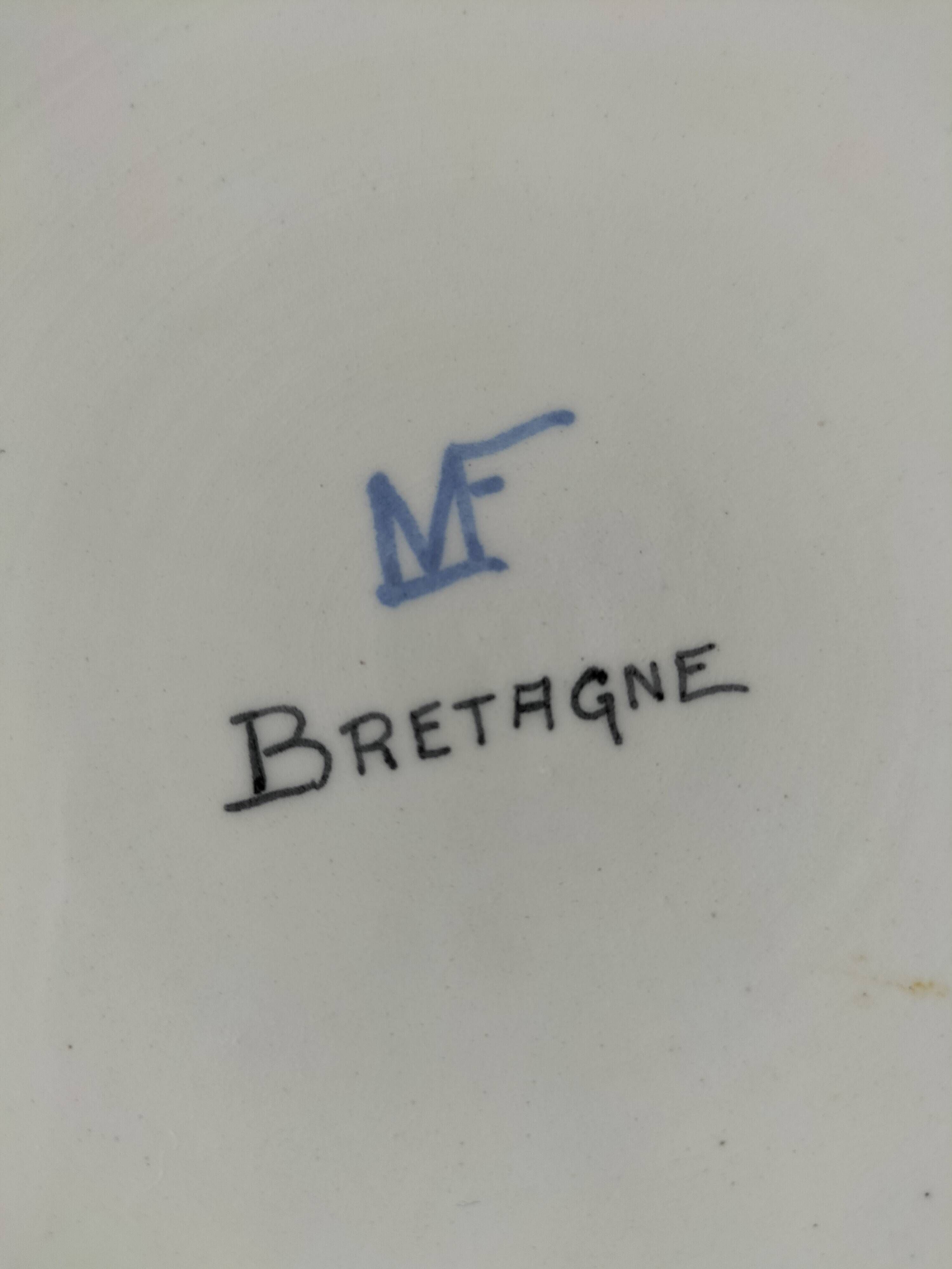 Vintage Breton earthenware plate – naive decor signed MF – Brittany