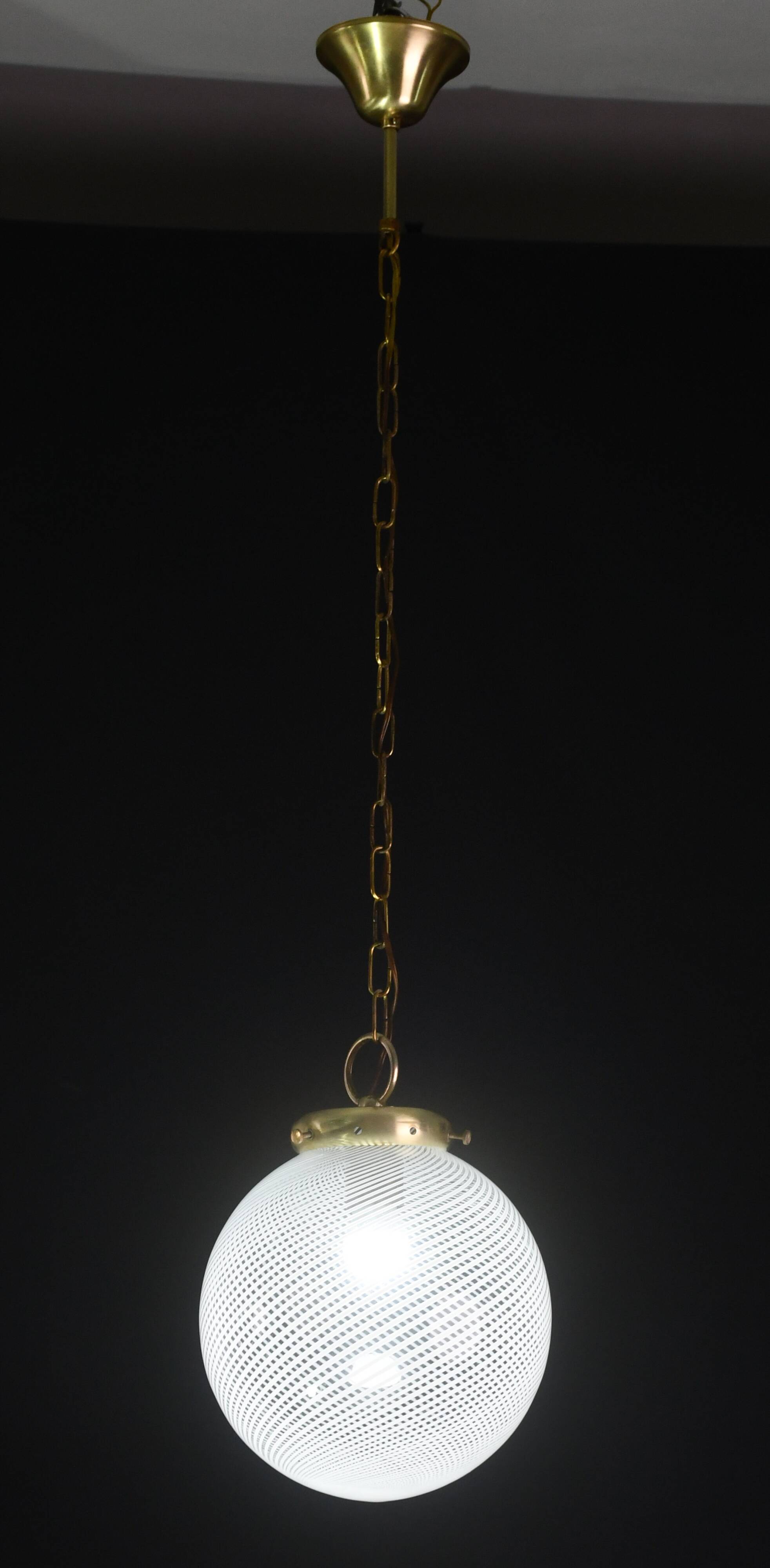 Italian Mid-Century Pendant Light with Optic Spiral Glass Globe and Restore Bras