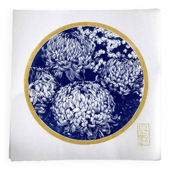 Linogravure fleur Chrysanthèmes Japonais bleue