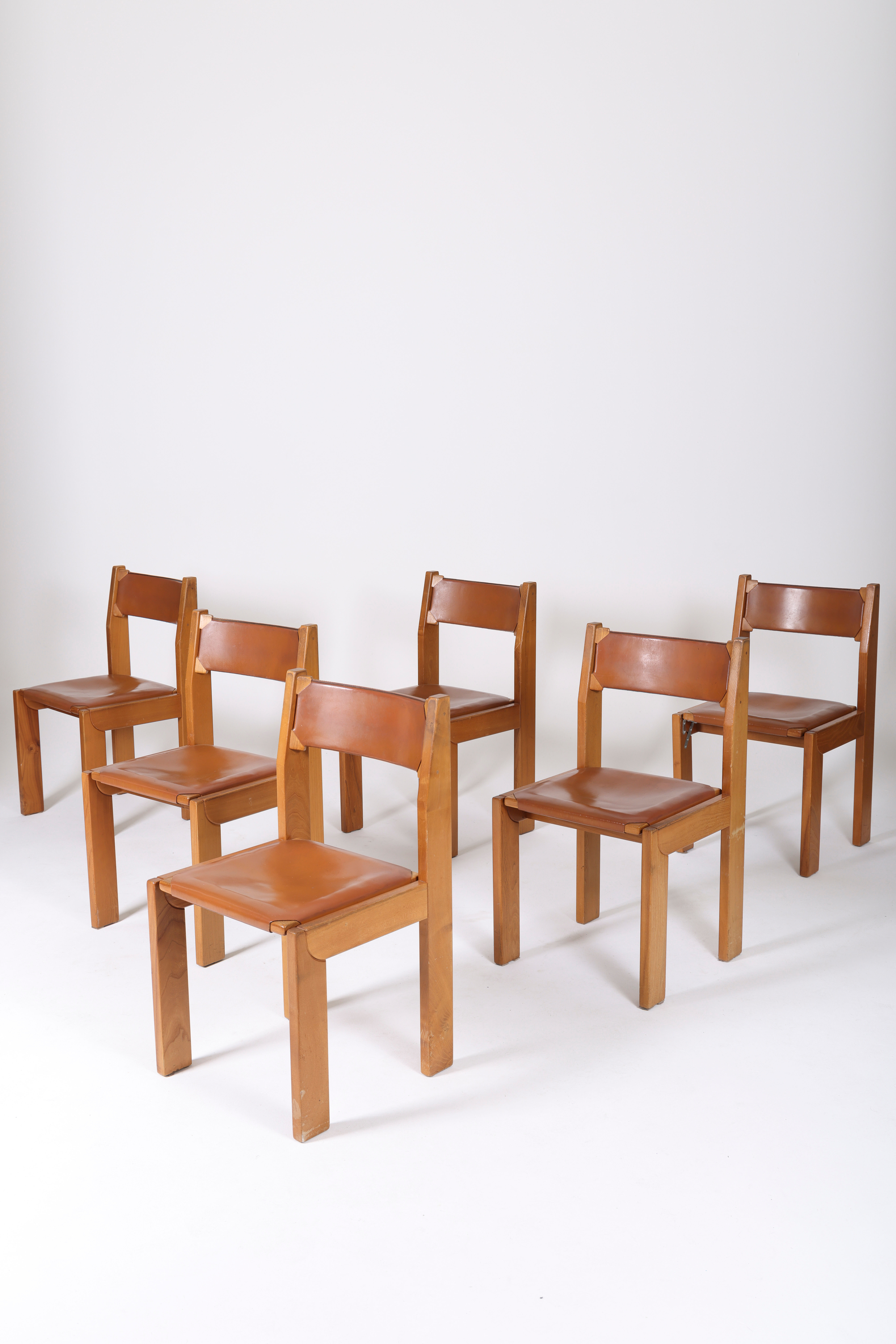 Chaises marron en cuir et bois, 1970s