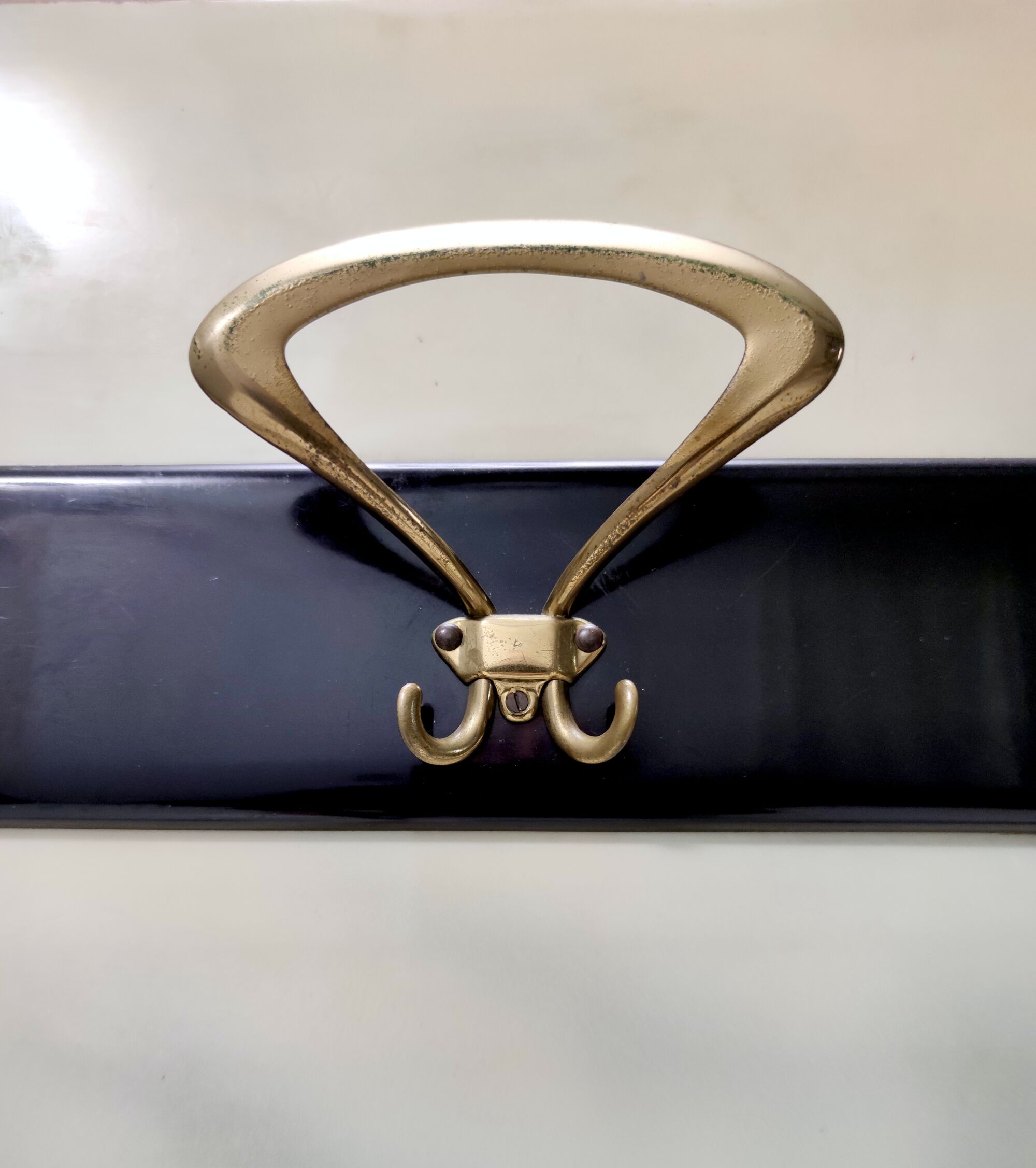 Vintage Ebonized Beech, Brass and Glass Coat Rack with a Landscape, Italy