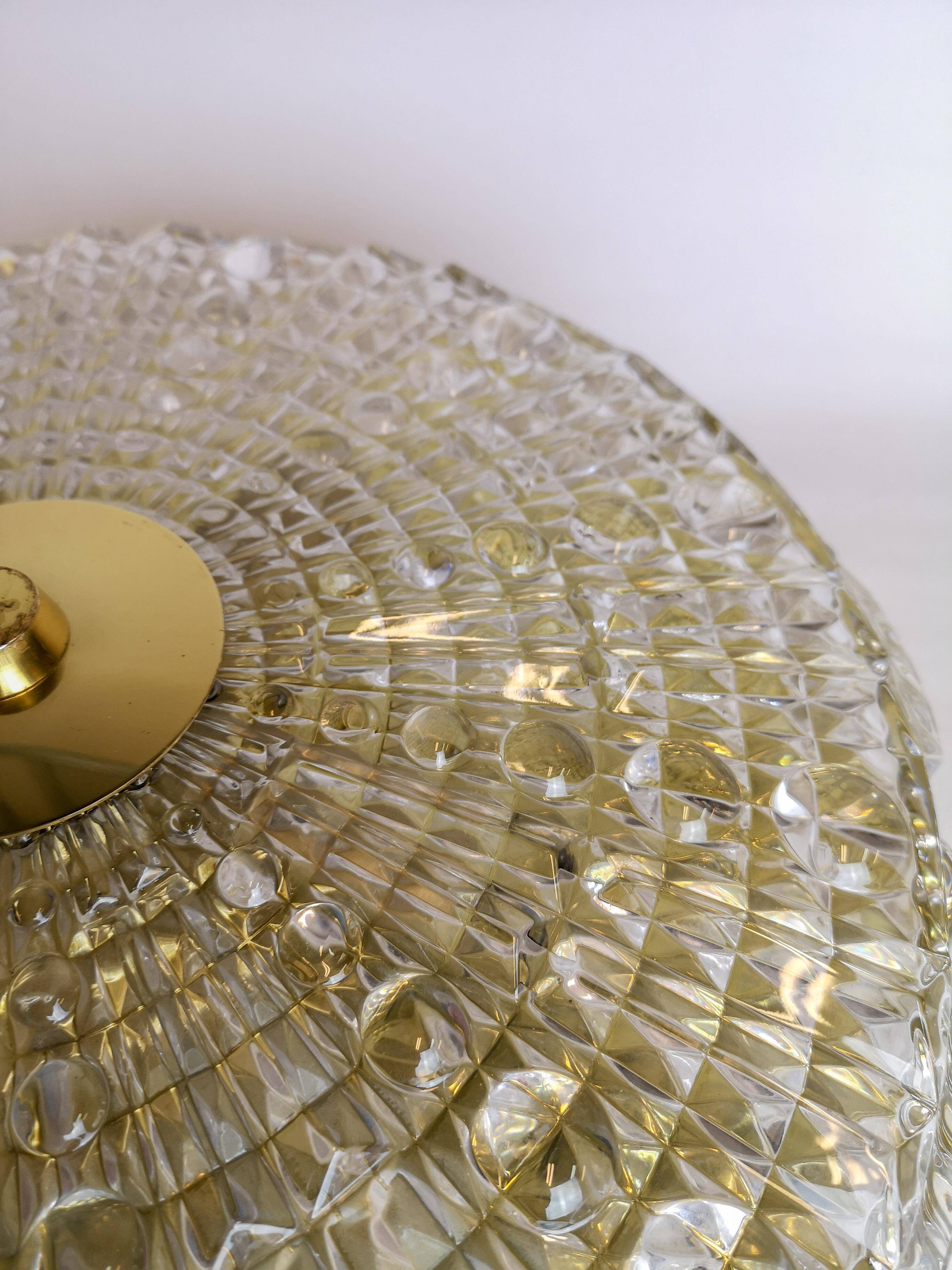 Midcentury crystal and brass ceiling lamp by Orrefors, Carl Fagerlund, 1970s, Sweden.