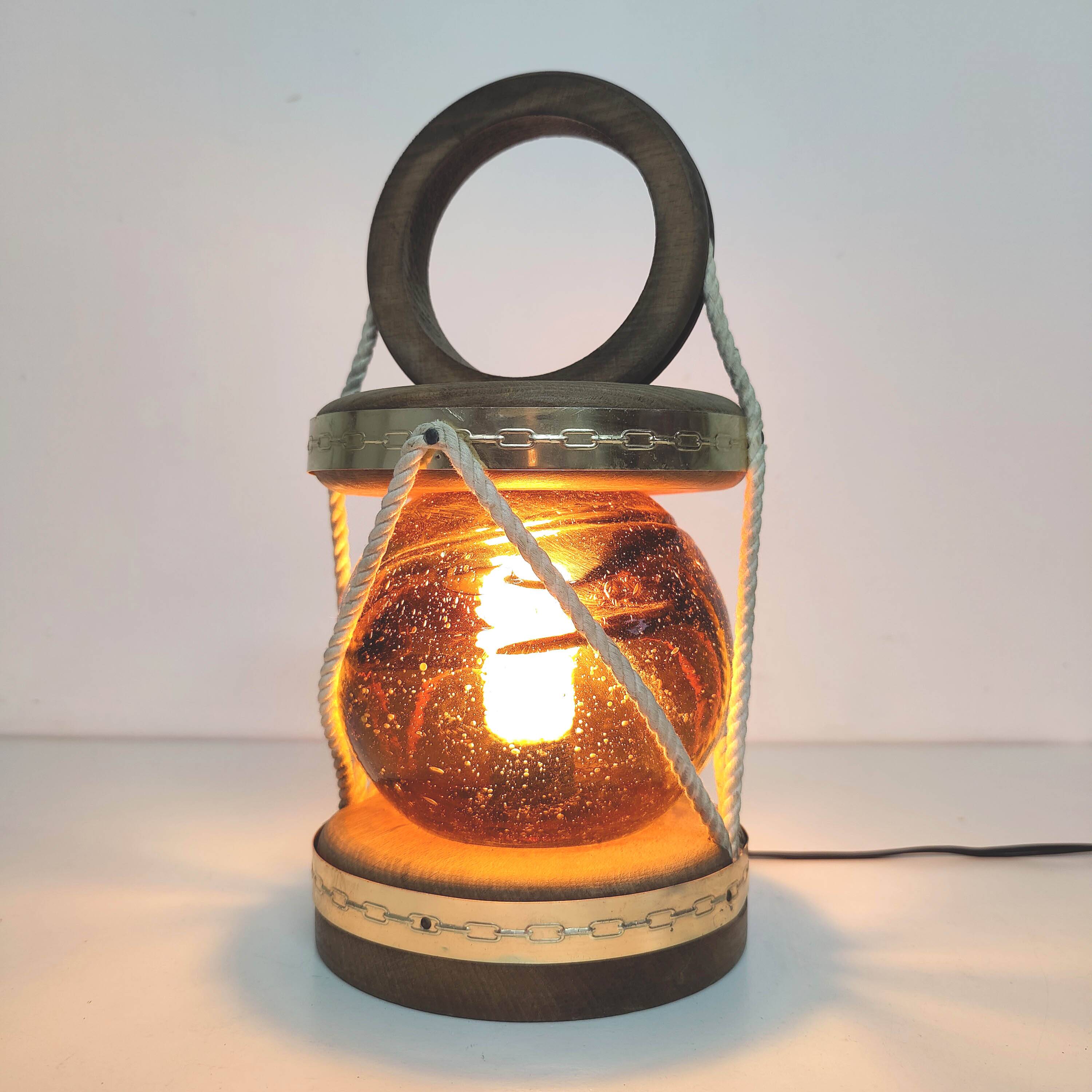 Marine lamp float amber blown glass wood and rope