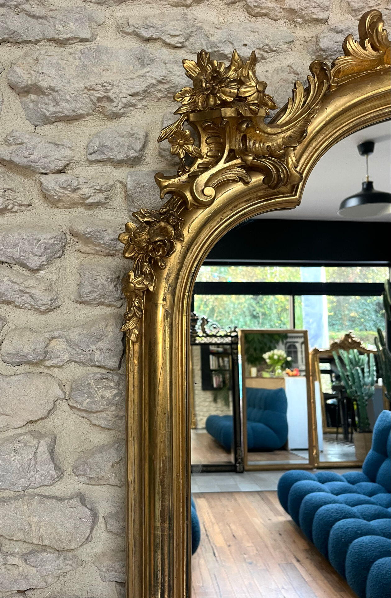 Gold leaf mirror with pediments, 219/131cm, overmantel.