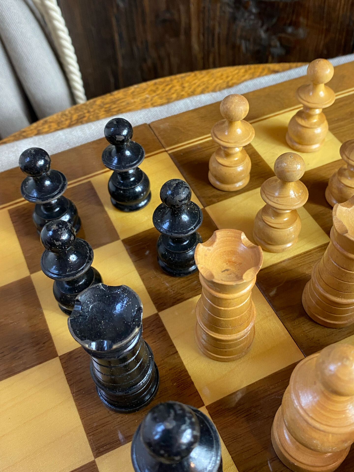 Chess set with wooden board and pieces