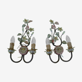 Pair of sconces, patinated metal sheets, glass flowers, 70s