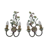 Pair of sconces, patinated metal sheets, glass flowers, 70s