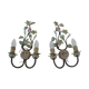 Pair of sconces, patinated metal sheets, glass flowers, 70s