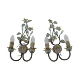 Paire d'appliques, feuilles en métal patinées, fleurs en verre, années 70