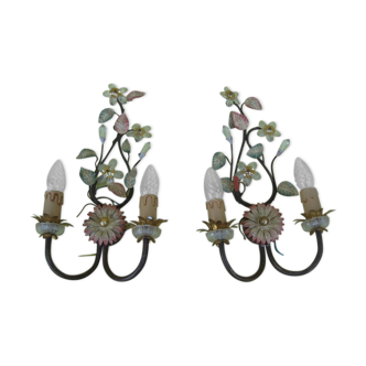 Pair of sconces, patinated metal sheets, glass flowers, 70s
