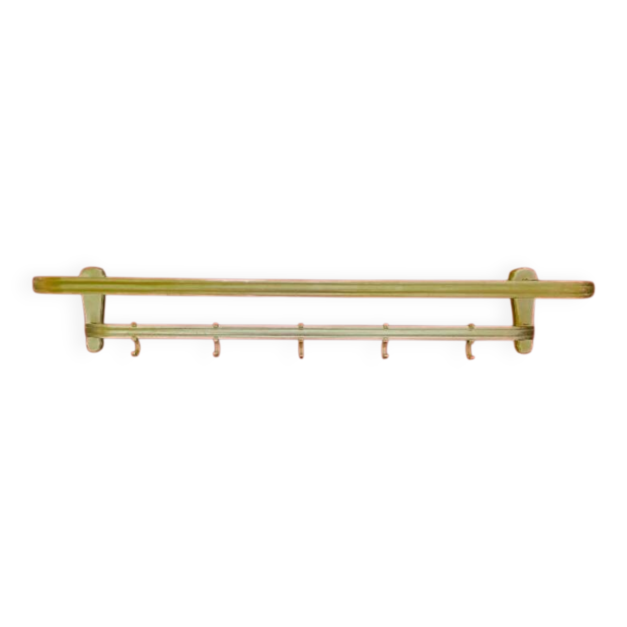 Vintage wall-mounted coat rack in anodised gold aluminium with hat holder.