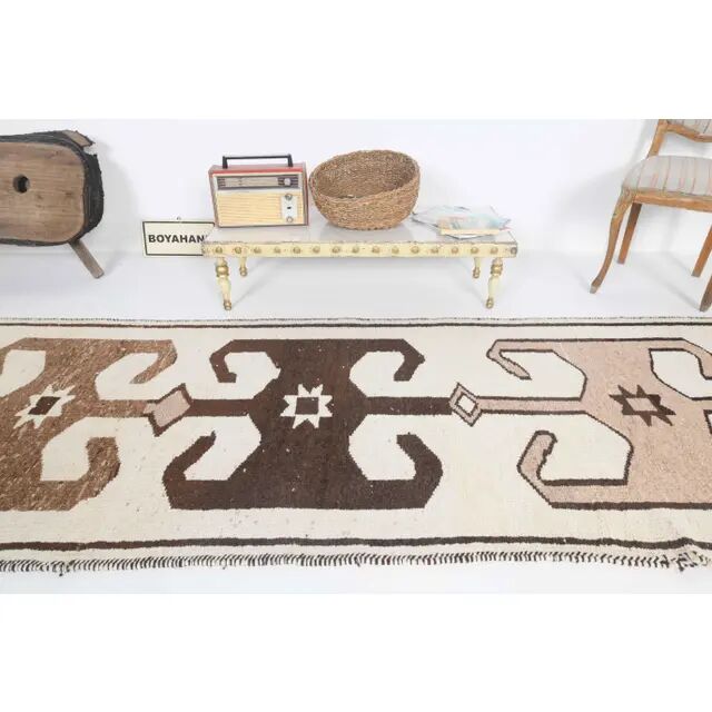 Vintage Turkish Oushak Handmade Wool Cotton White Runner Rug 99x390