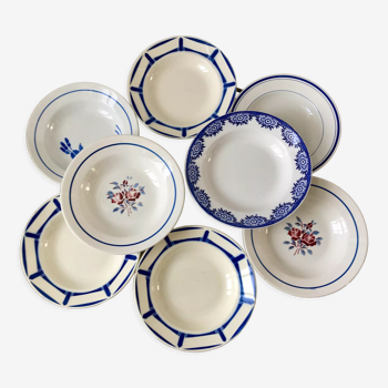 Lot de 8 assiettes creuses bleues Badonviller ("Lucie"), Digoin, St Amand ("Noailles",), Limoges ("F