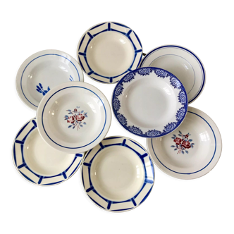 Set of 8 blue hollow plates Badonviller ("Lucie"), Digoin, St Amand ("Noailles",), Limoges ("F