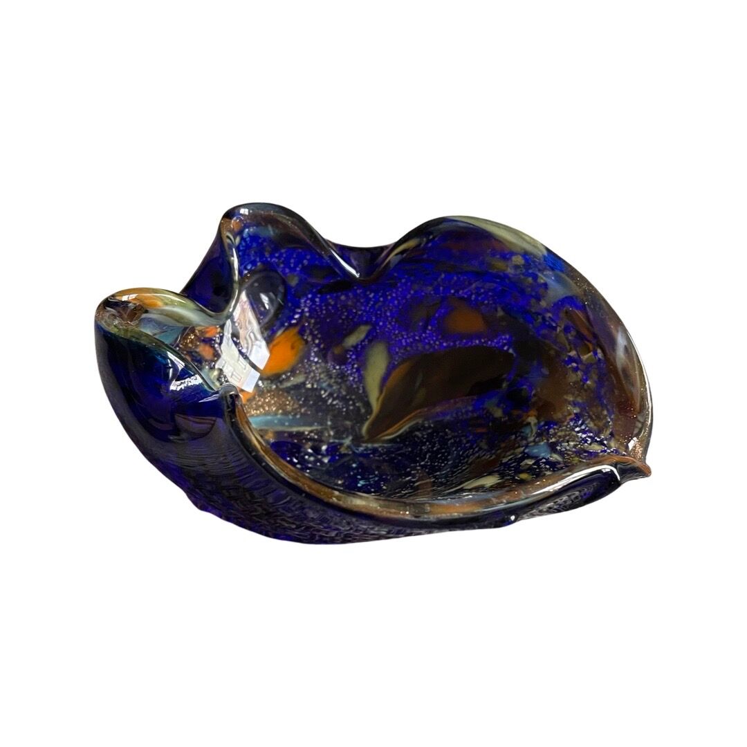 Dark blue Venetian glass ashtray with sulfurized multicolored decoration