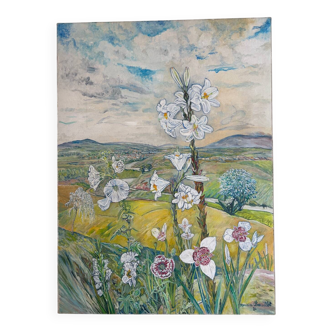 List of tigridias and hollyhocks, signed Maurice Bouillot 1972