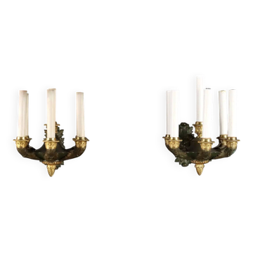 Pair of Empire style wall sconces in burnished bronze, Italy, 20th century.