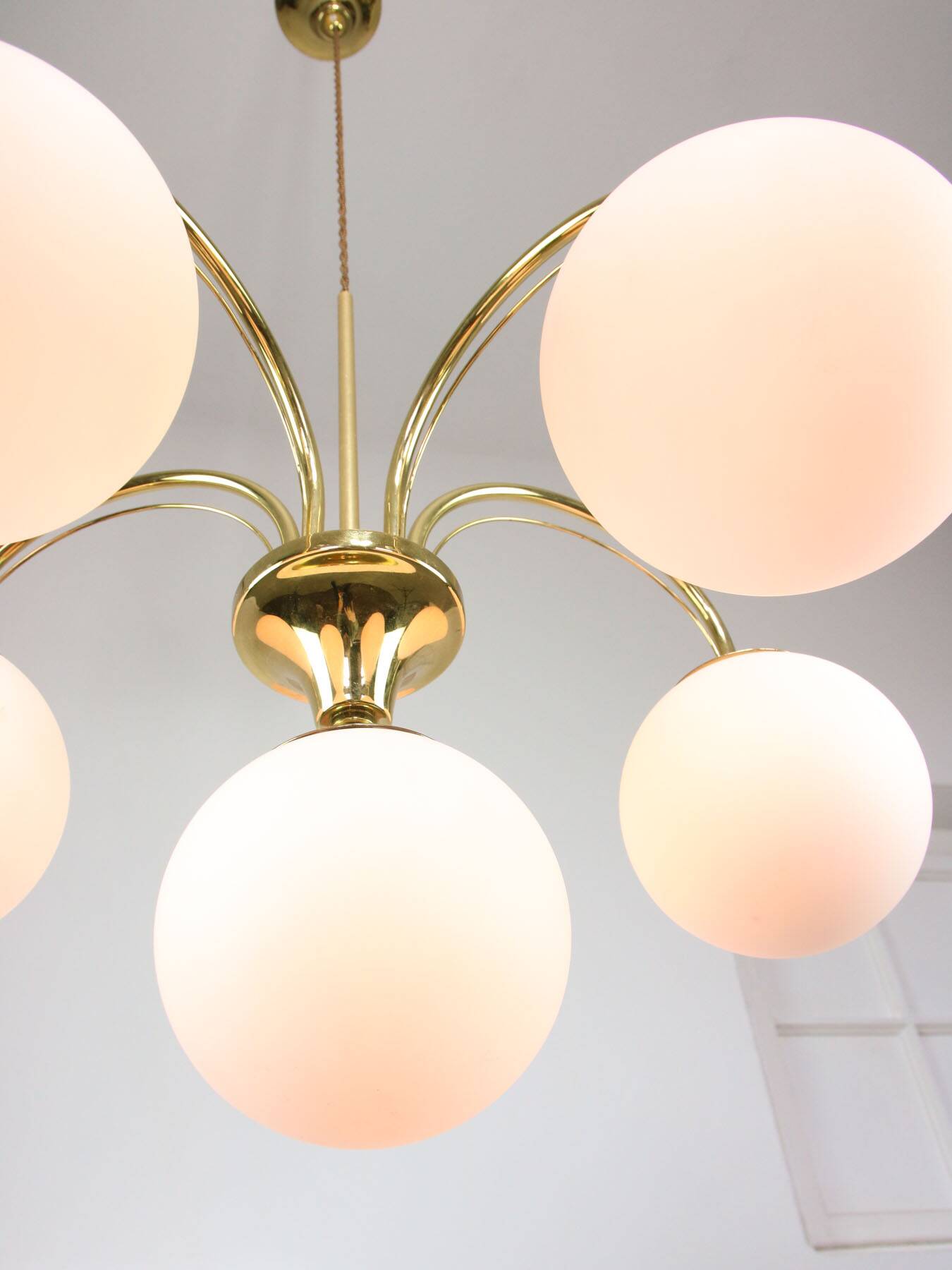 Vintage Golden & Opaline Glass 5-Arm Chandelier, 70s