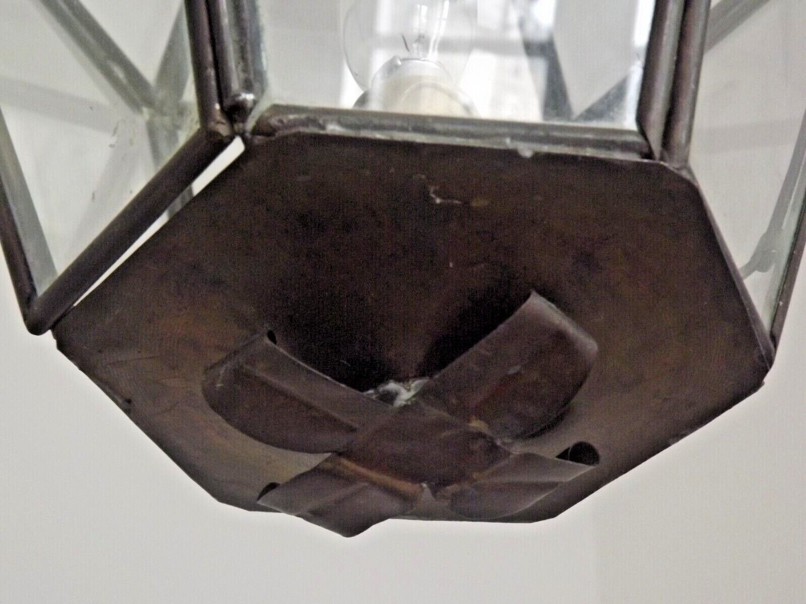 Hexagonal shaped copper and glass hanging lantern