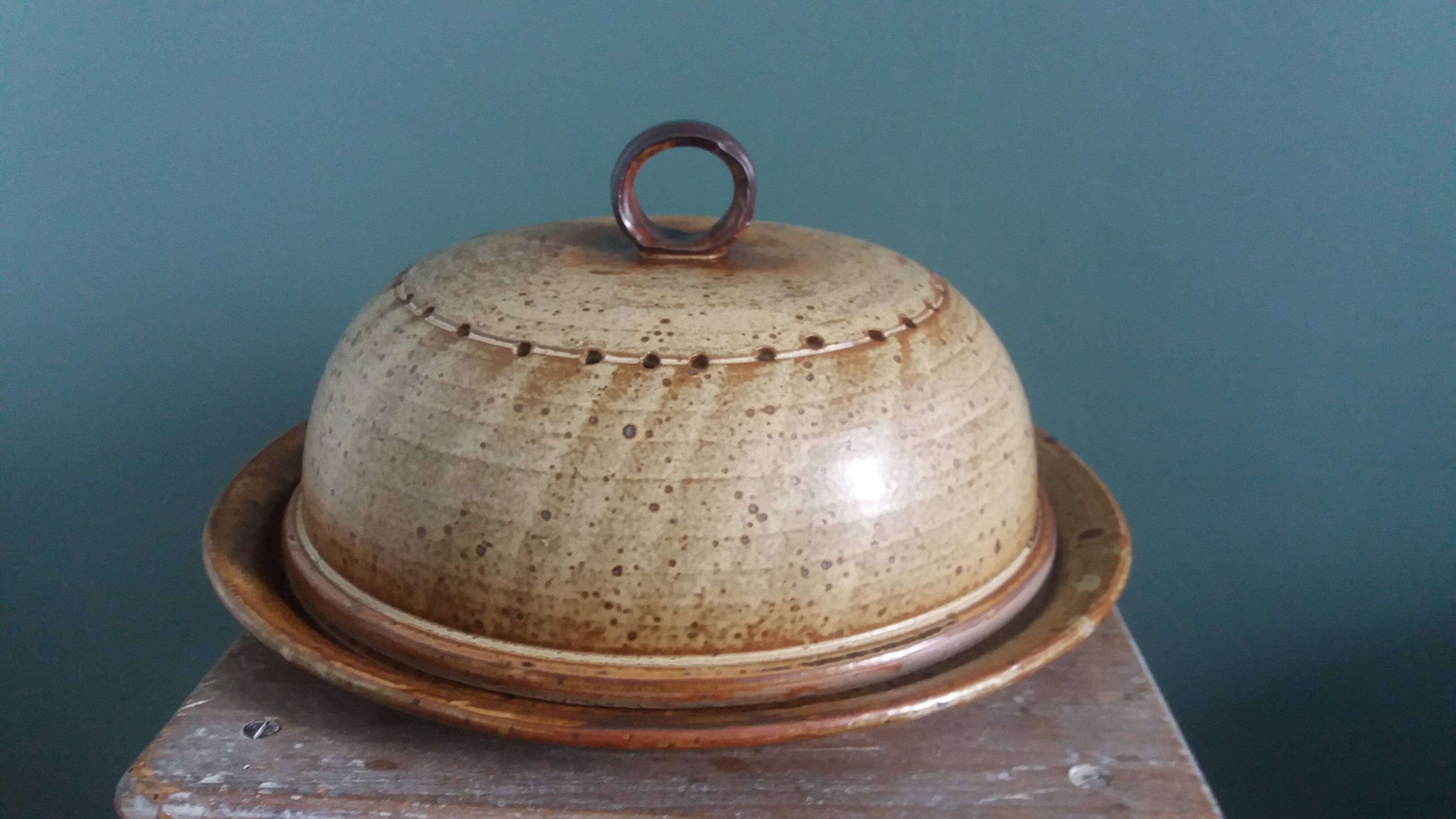 Stoneware cheese bell and platter from Puisaye, signed Jean-Pierre Prud’hom