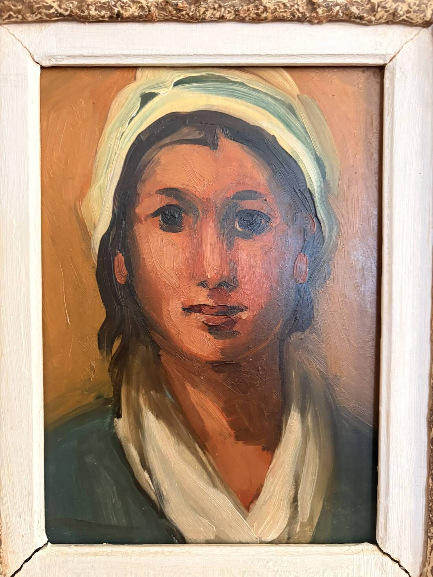 Tableau by Pedro Creixams, Oil, Portrait of a Woman with a Scarf, School of Paris.