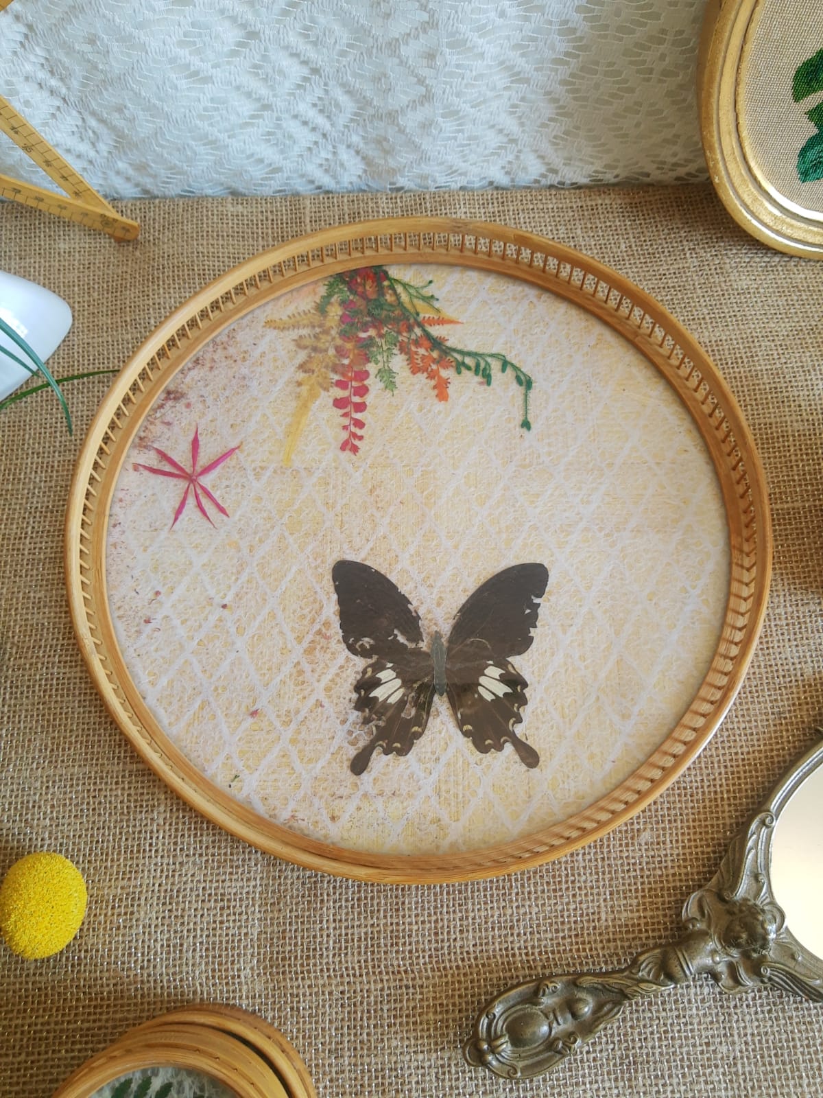 Set tray and 6 under glass bamboo vintage butterflies