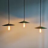 Trio of large industrial suspensions in green enamelled sheet metal.