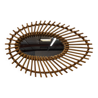 Miroir oeil en rotin, années 50-60