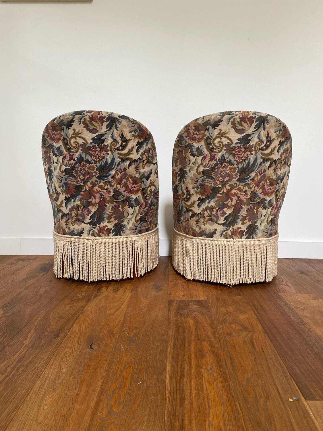 Pair of antique tapestry toad armchairs