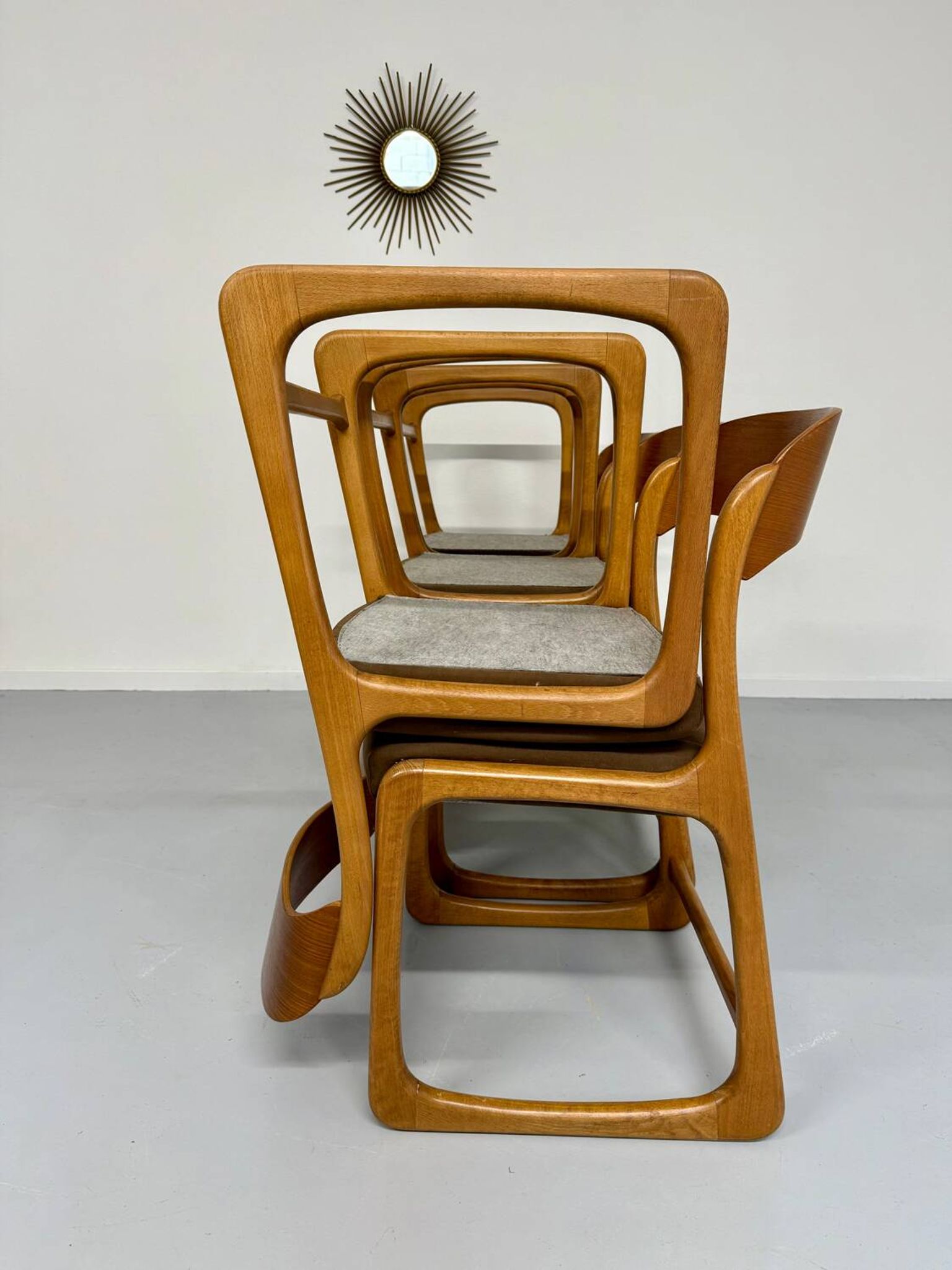 Set of 6 Baumann sleigh chairs in wood and brown fabric, original 1960s