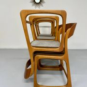 Set of 6 Baumann sleigh chairs in wood and brown fabric, original 1960s