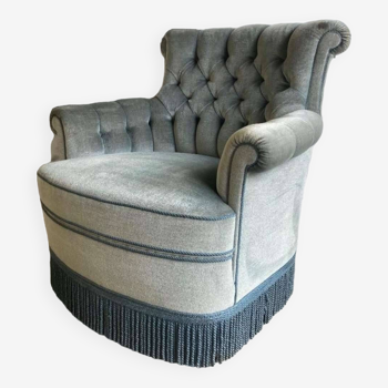 Fauteuil vintage bleu glacier / siège simple / fauteuil club à franges