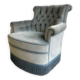 Vintage ice blue armchair / single seat / fringed club armchair