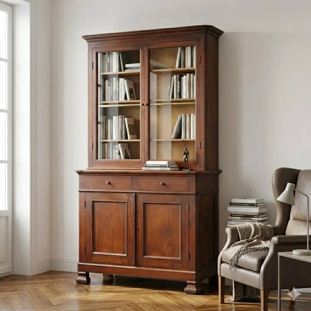 Antique Louis-Philippe walnut library, Italy, 19th century