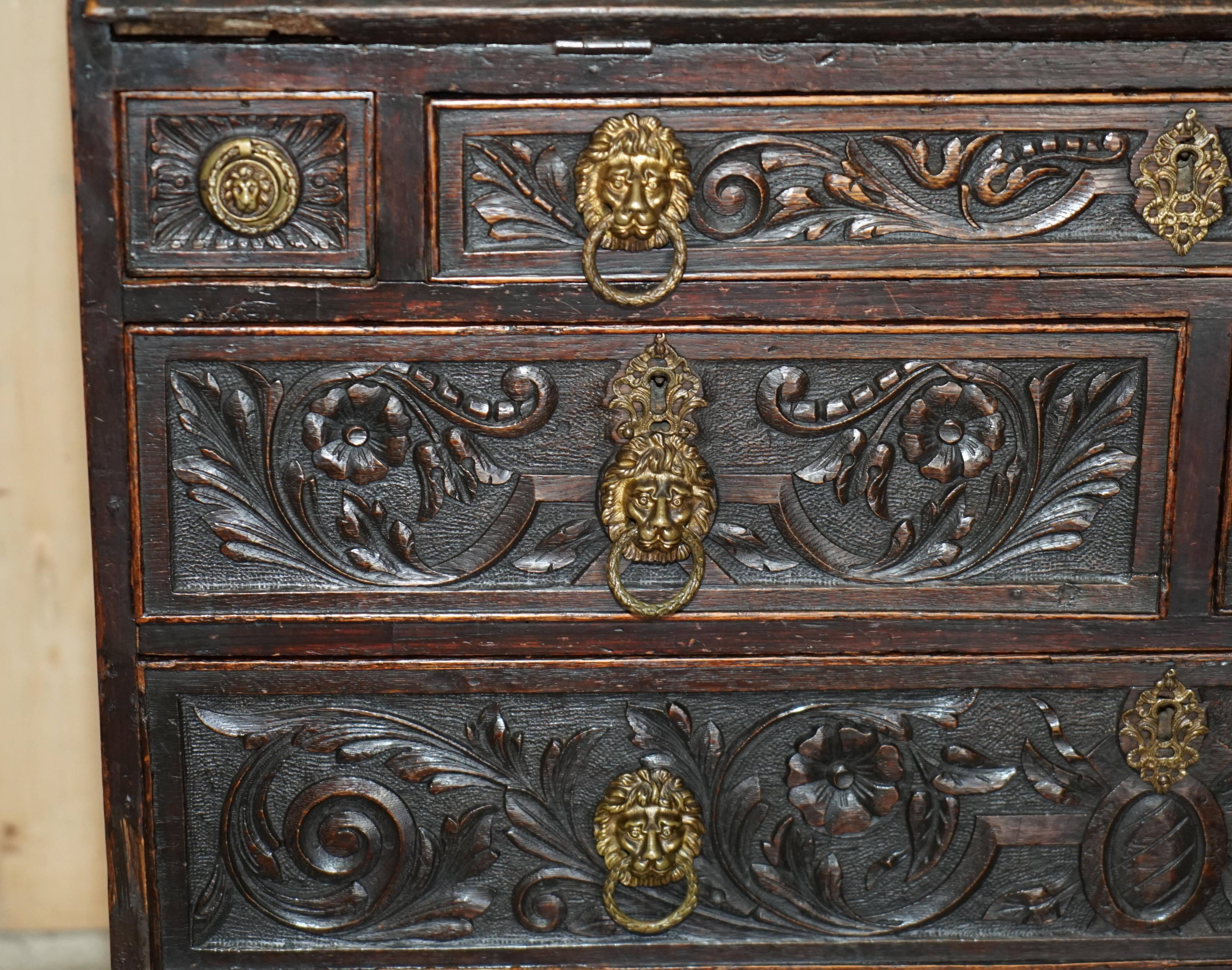 Library Desk in Carved Oak with Brass Handles