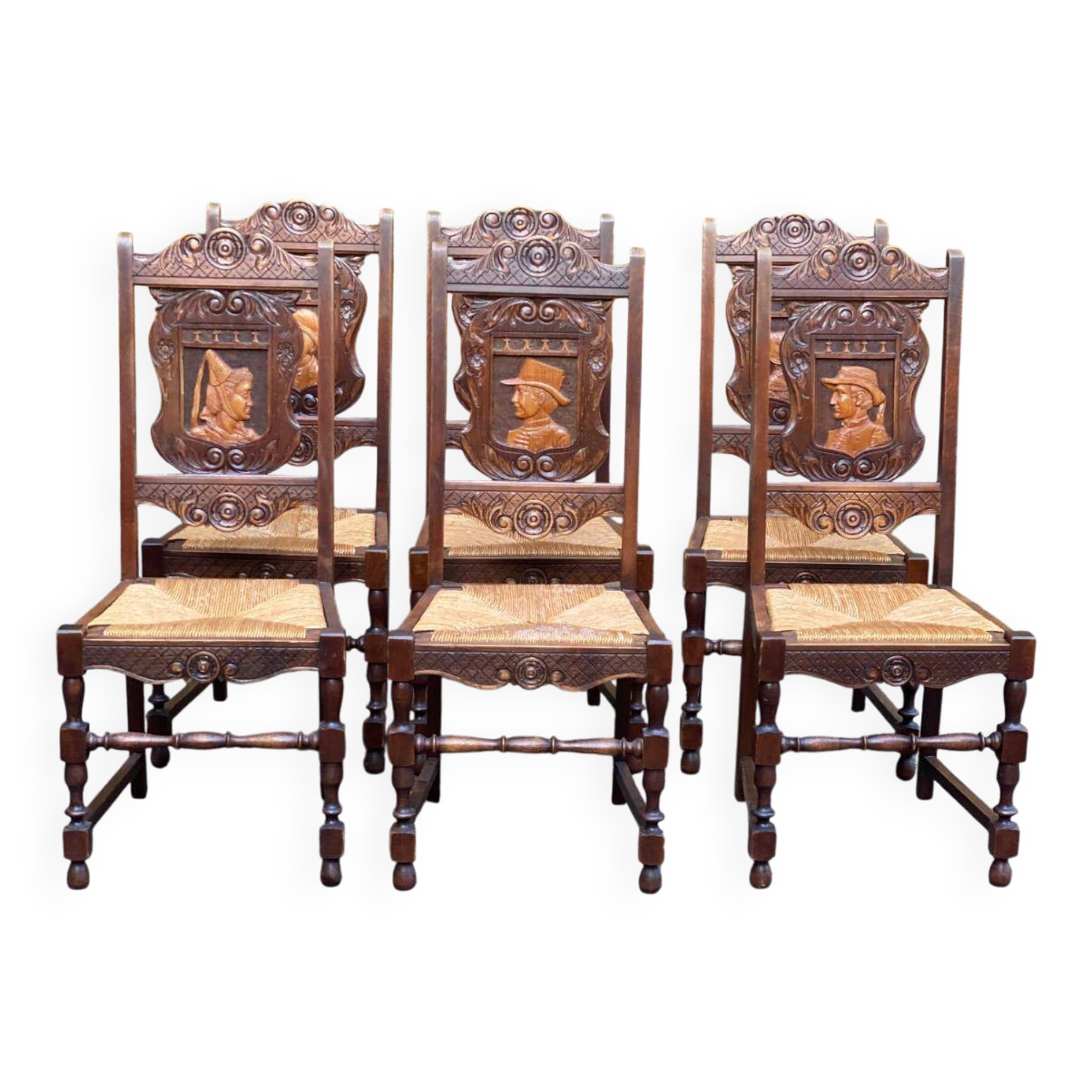 6 Henri II style solid wood straw-seated chairs