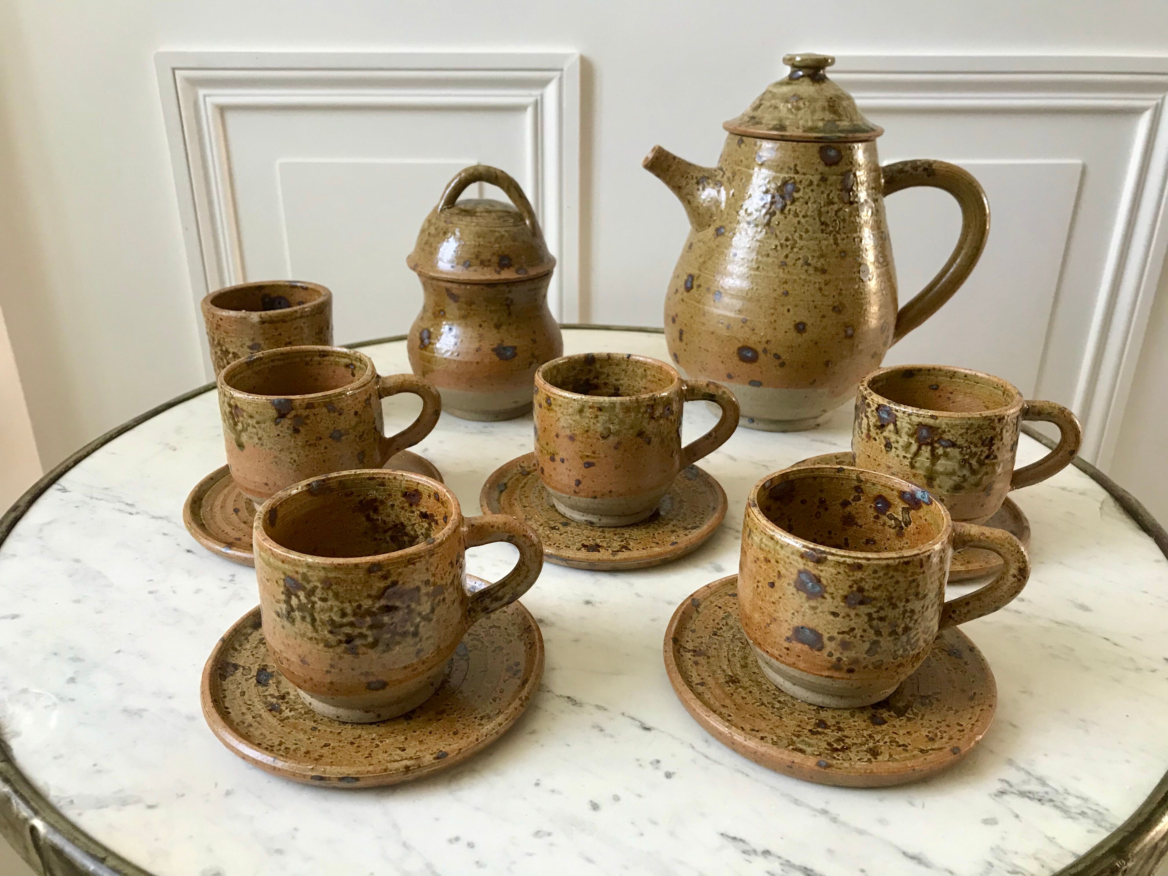 coffee service 6 cups and saucers, teapot and sugar bowl in ceramic / pottery / stoneware years 50-6