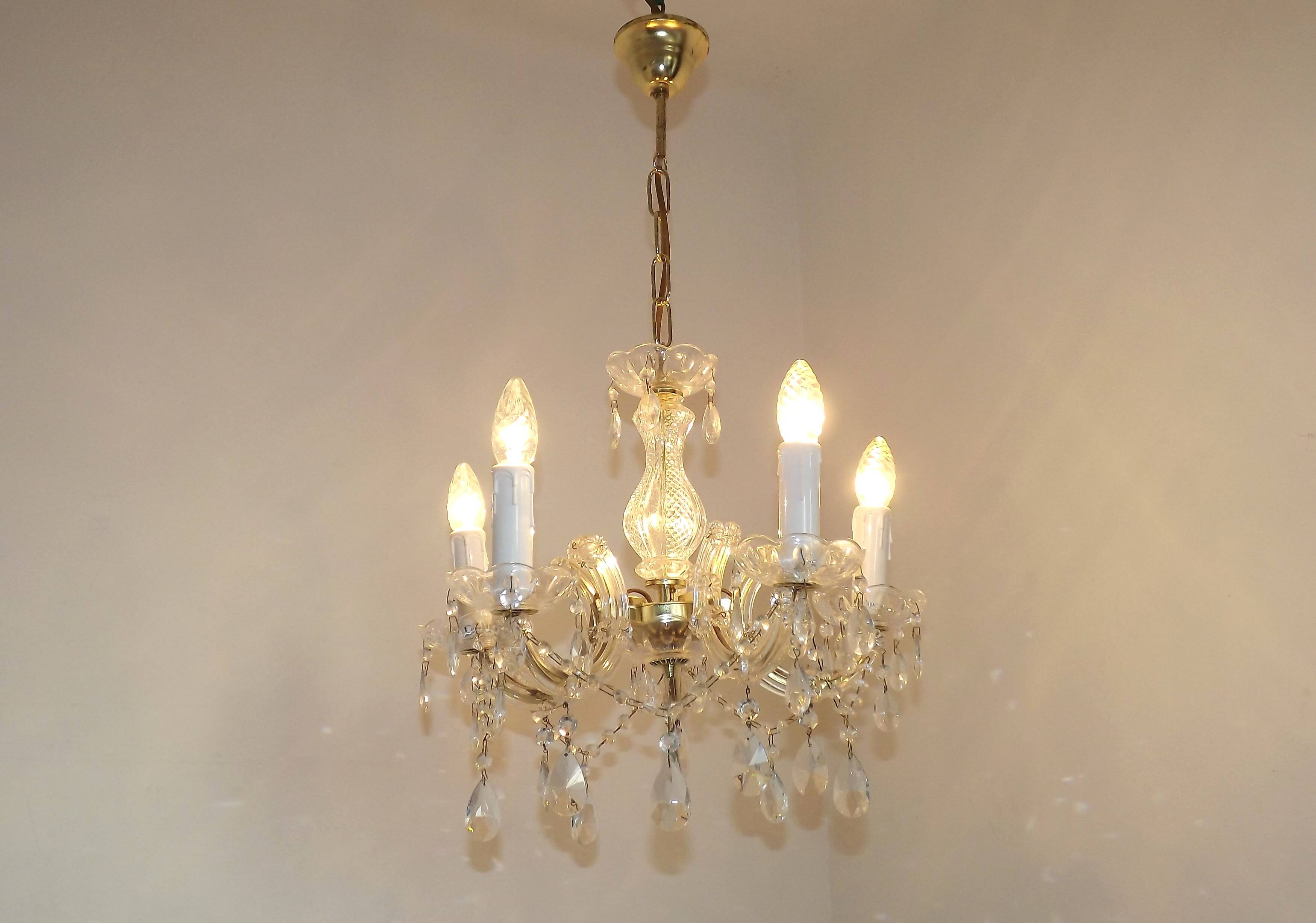 Vintage French Metal Crystal and Glass 5 Arm Paris Chic Style Chandelier