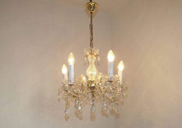 Vintage French Metal Crystal and Glass 5 Arm Paris Chic Style Chandelier