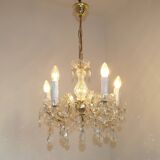 Vintage French Metal Crystal and Glass 5 Arm Paris Chic Style Chandelier